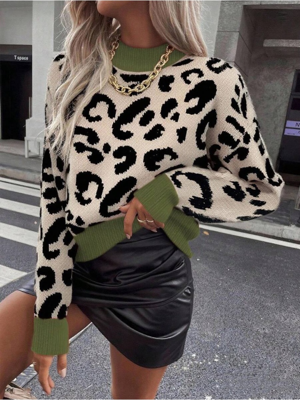 Leopard Print Crewneck Sweater with Olive Trim - Women